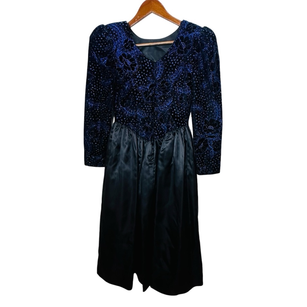 Vintage Gunne Sax Blue and Black Sparkly Long Sleeve Taffeta Formal Dress Size 8 - Picture 6 of 9